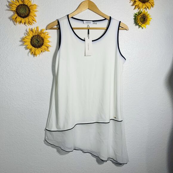 Calvin Klein NWT Assymetrical White Black Sleeveless Chiffon Blouse Size Medium - Picture 3 of 16